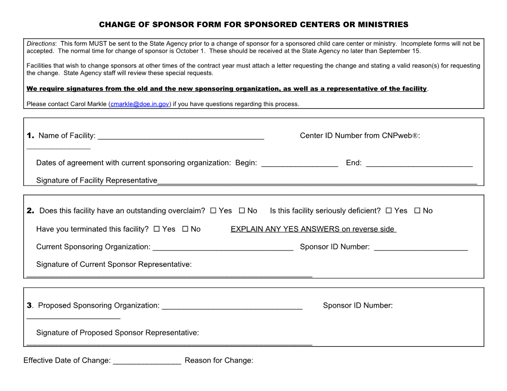 Change of Sponsor Form for Sponsored Centers Or Ministries