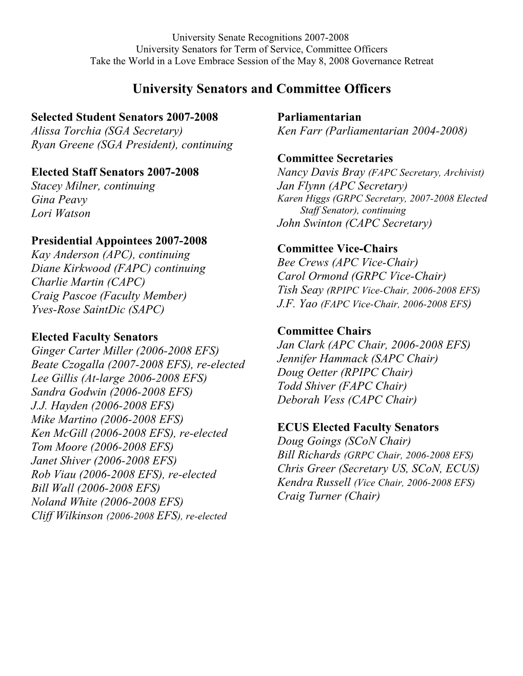 University Senators for Term of Service, Committee Officers