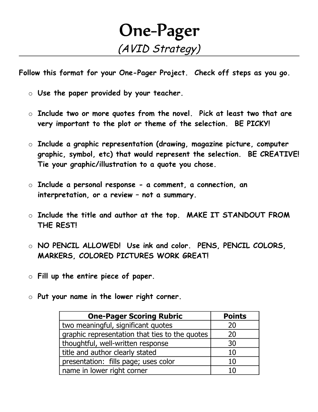 Follow This Format for Your One-Pager Project. Check Off Steps As You Go
