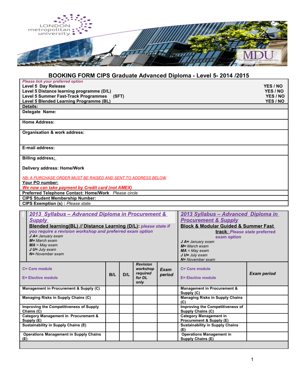 BOOKING FORM CIPS Graduate Advanced Diploma - Level 5- 2014 /2015