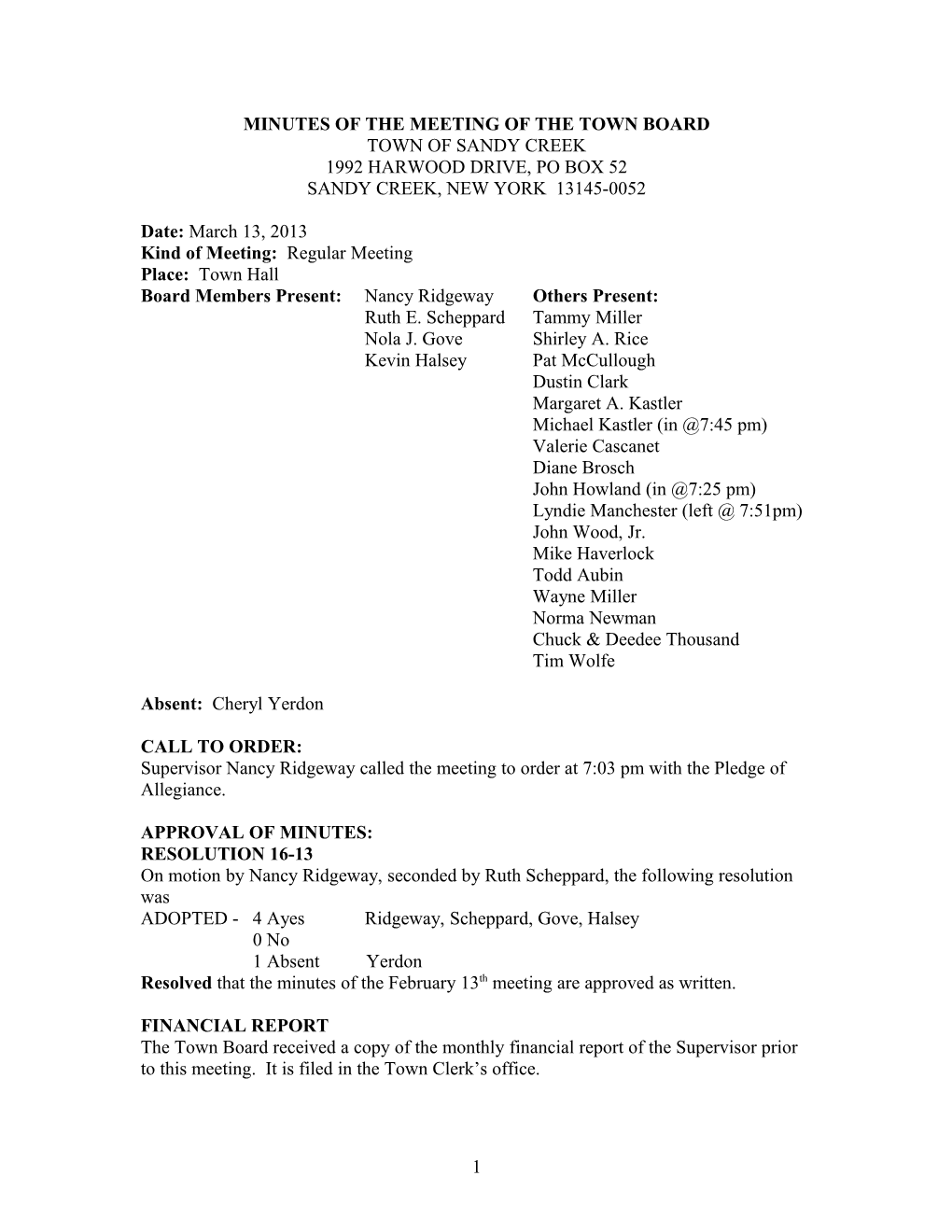 Minutes of the Meeting of the Town Board
