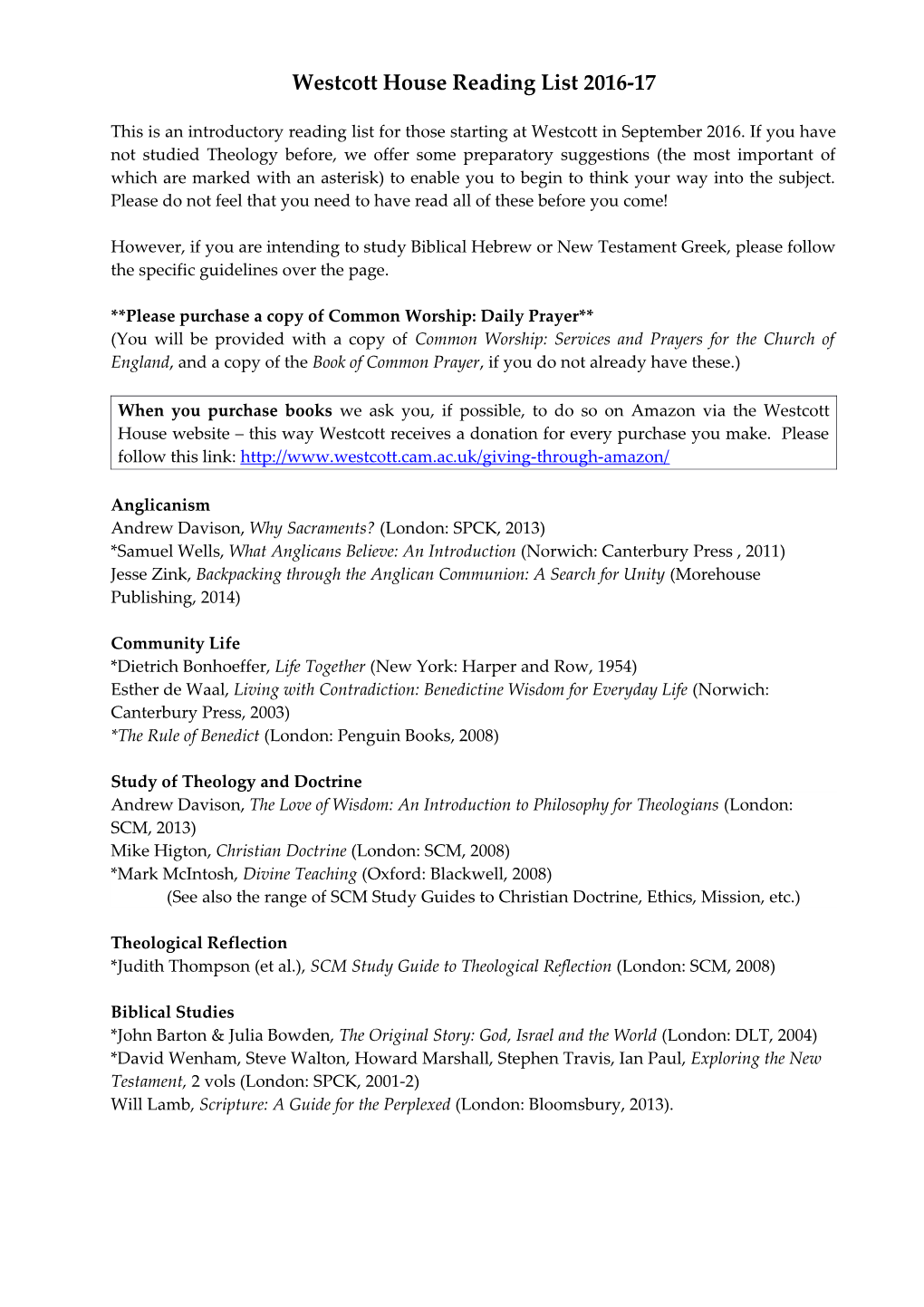 Westcott House Reading List, 2008