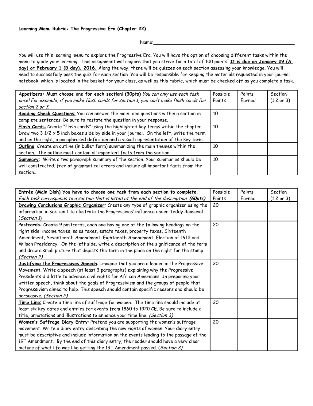 Learning Menu Rubric: the Progressive Era (Chapter 22)