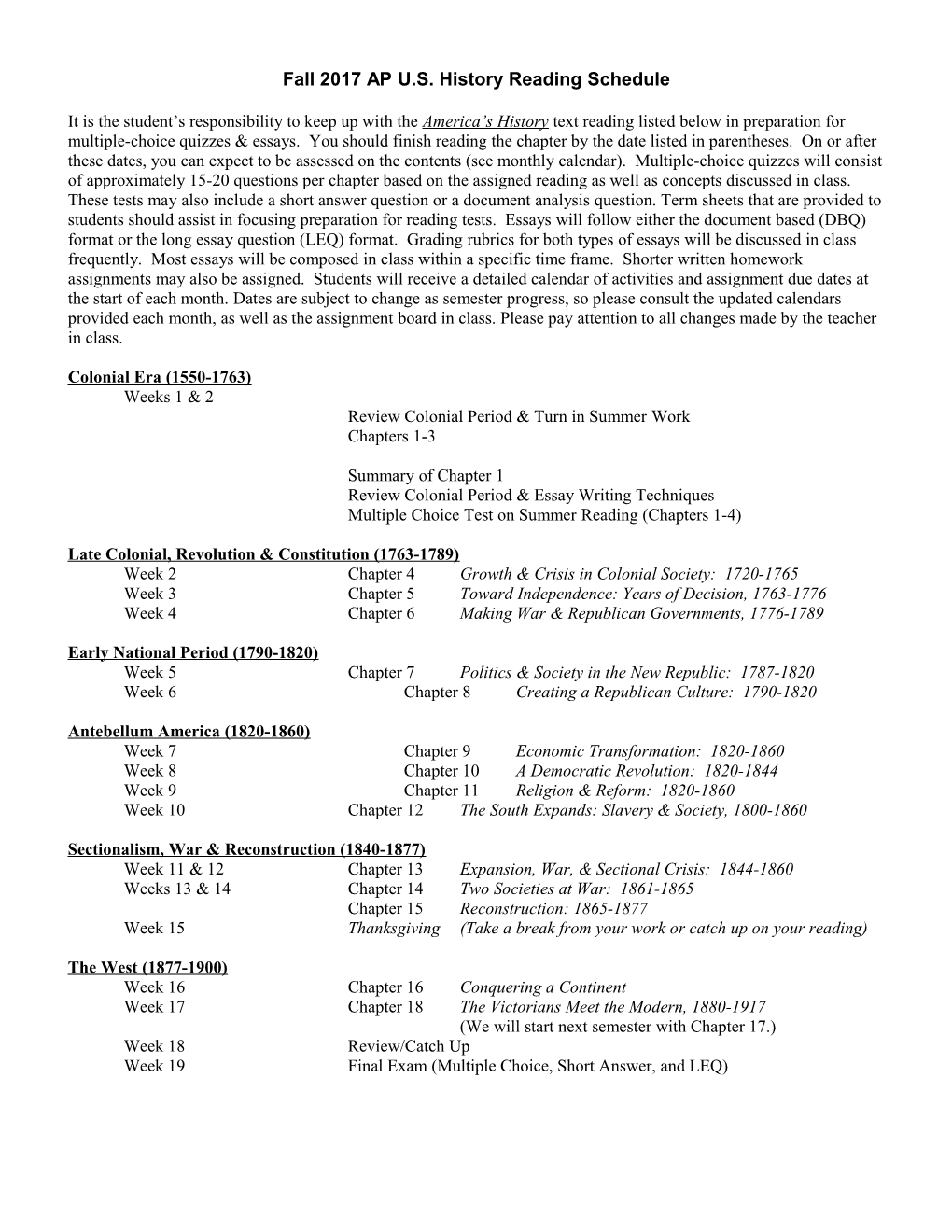 Fall 2017 AP U.S. History Reading Schedule