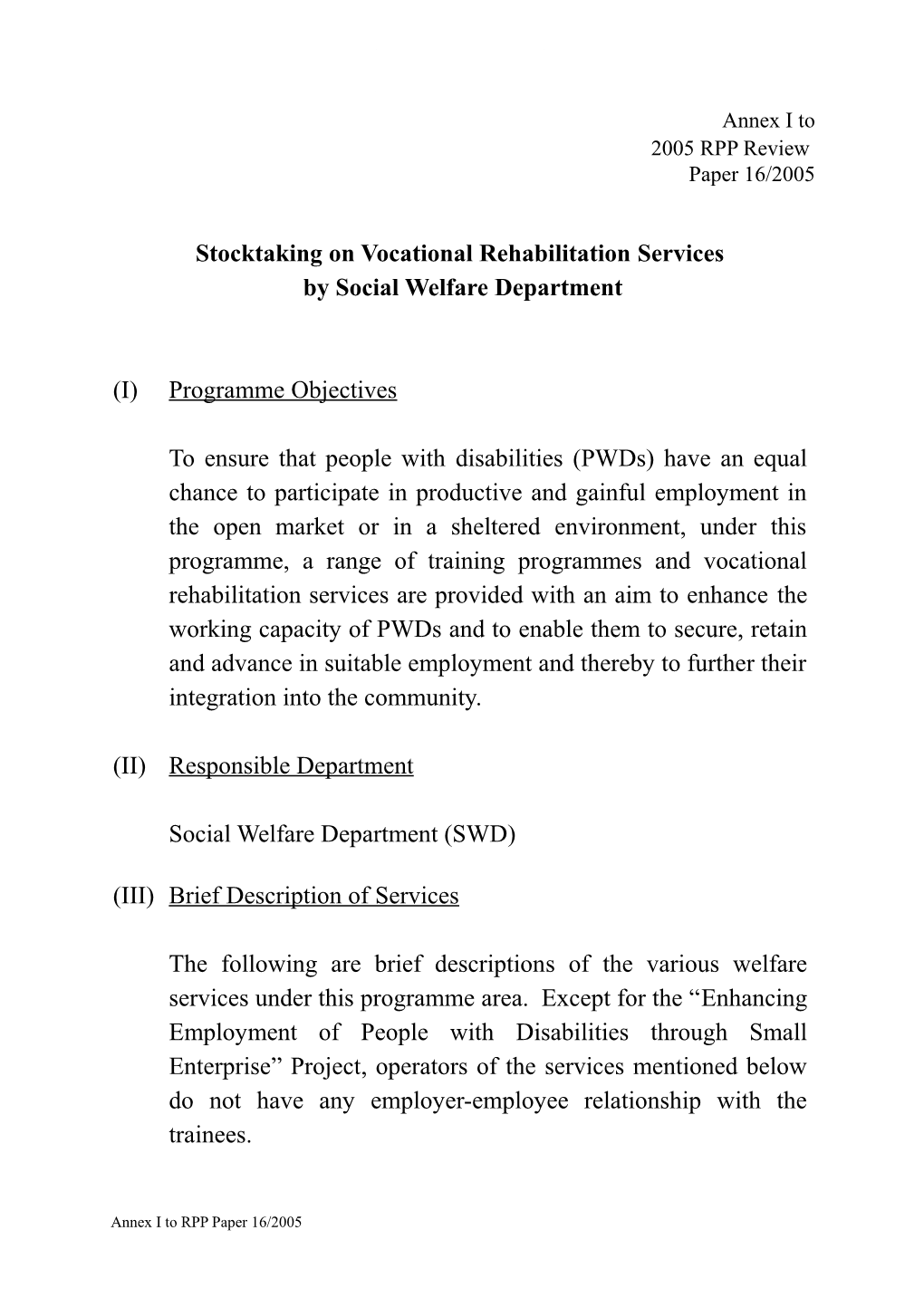 Stocktaking on Vocational Rehabilitation Services