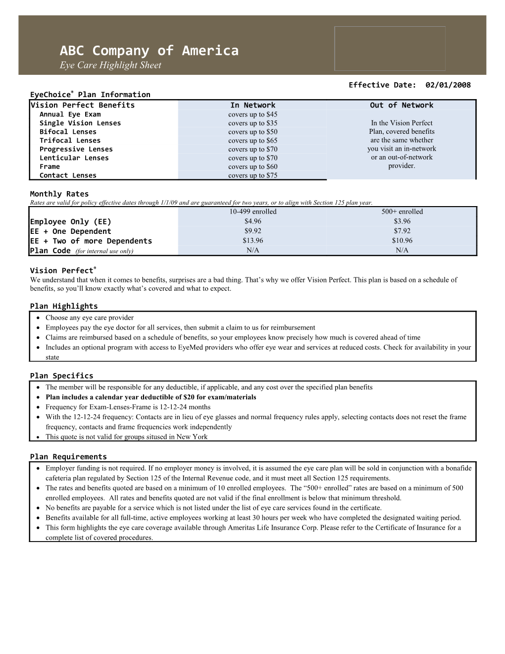 Eye Care Highlight Sheet