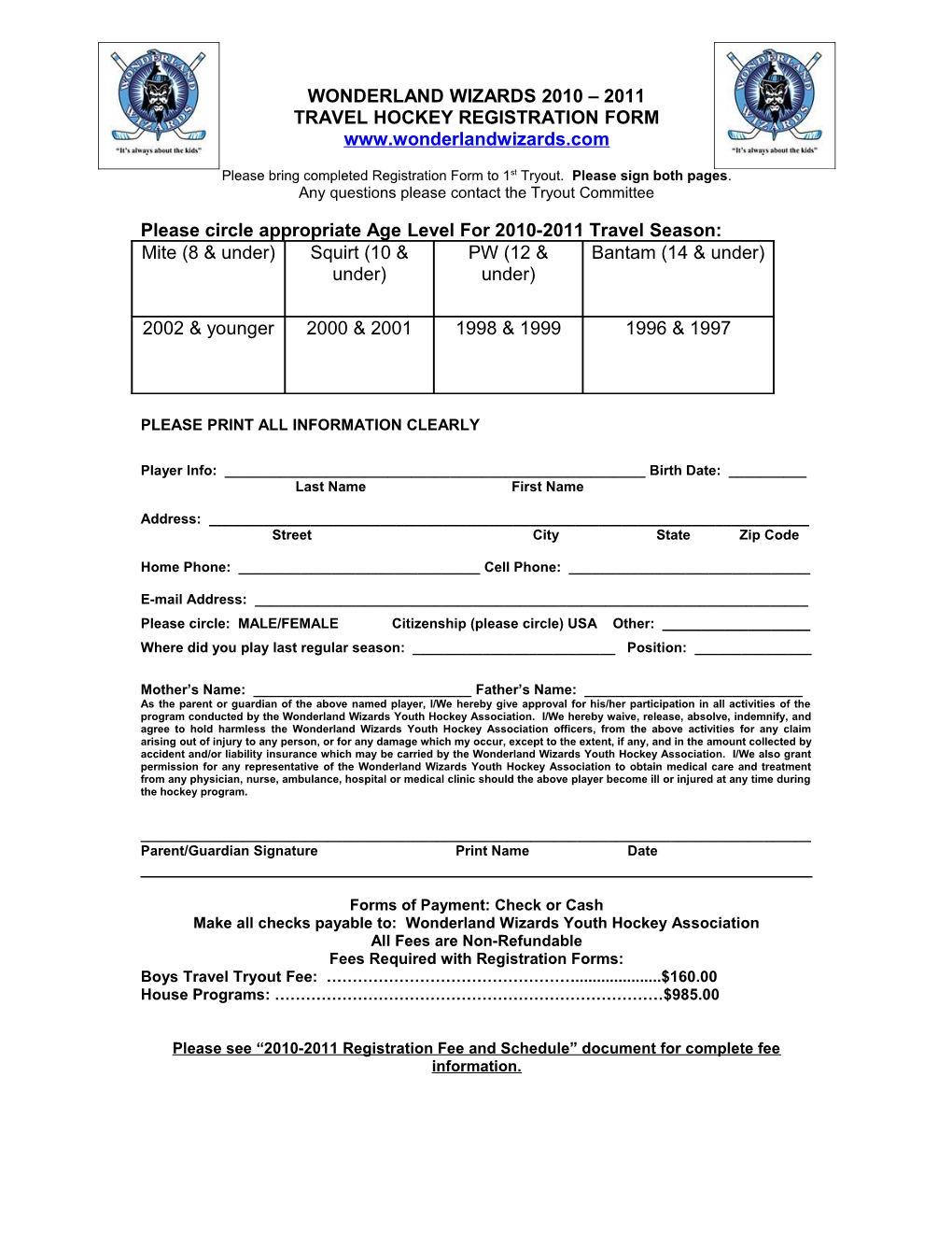 Travel Hockey Registration Form