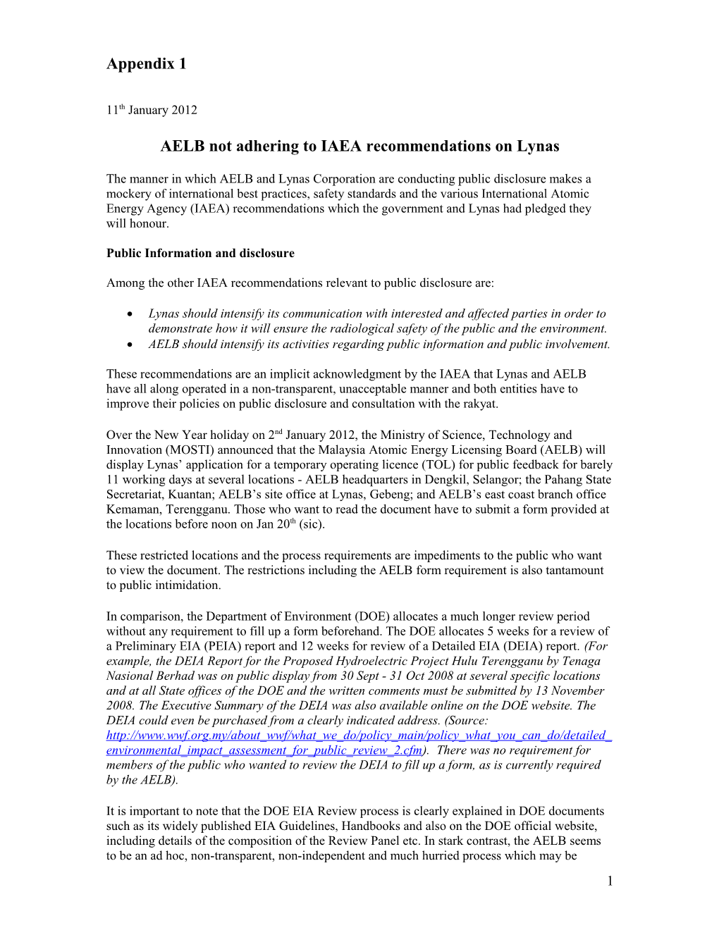 AELB Not Adhering to IAEA Recommendations on Lynas