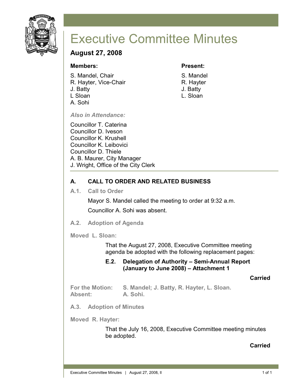 Minutes for Executive Committee August 27, 2008 Meeting