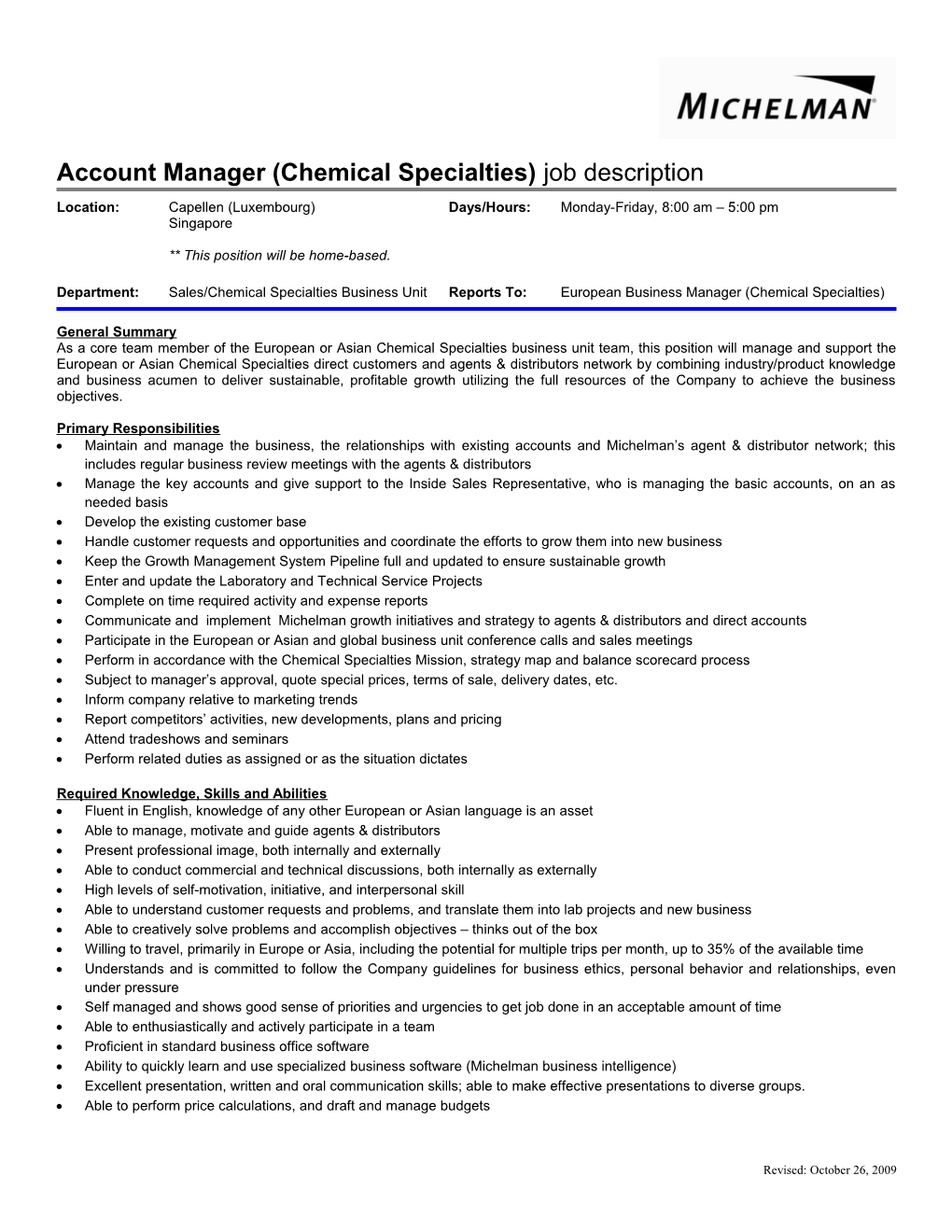 Account Manager (Chemical Specialties) Job Description