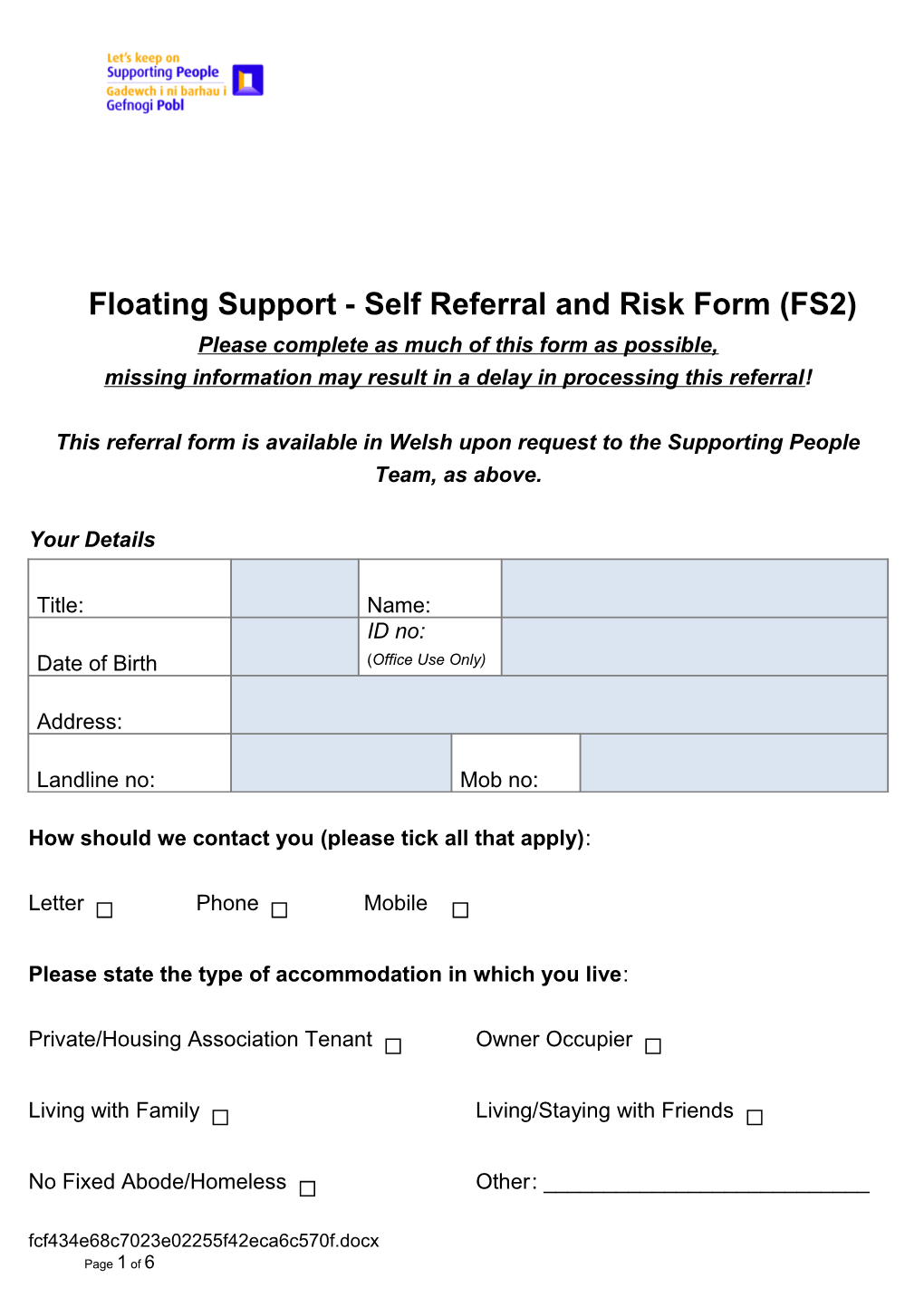 Floating Support S2 Self Referral and Risk Form April 2016