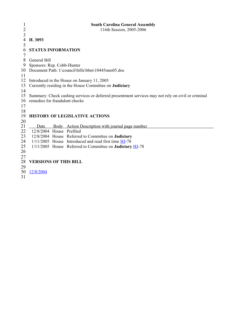 2005-2006 Bill 3093: Check Cashing Services Or Deferred Presentment Services May Not Rely