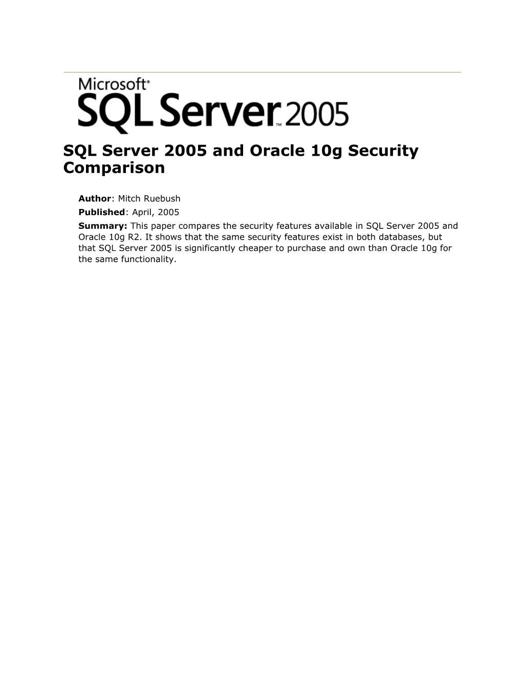 SQL Server 2005 and Oracle 10G Security Comparison