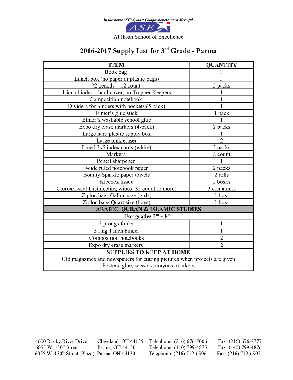 2014-2015 Supply List for 3Rd Grade - Parma