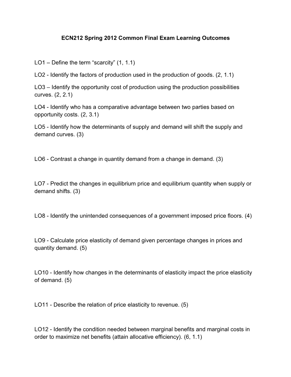 ECN212 Spring 2012 Common Final Exam Learning Outcomes