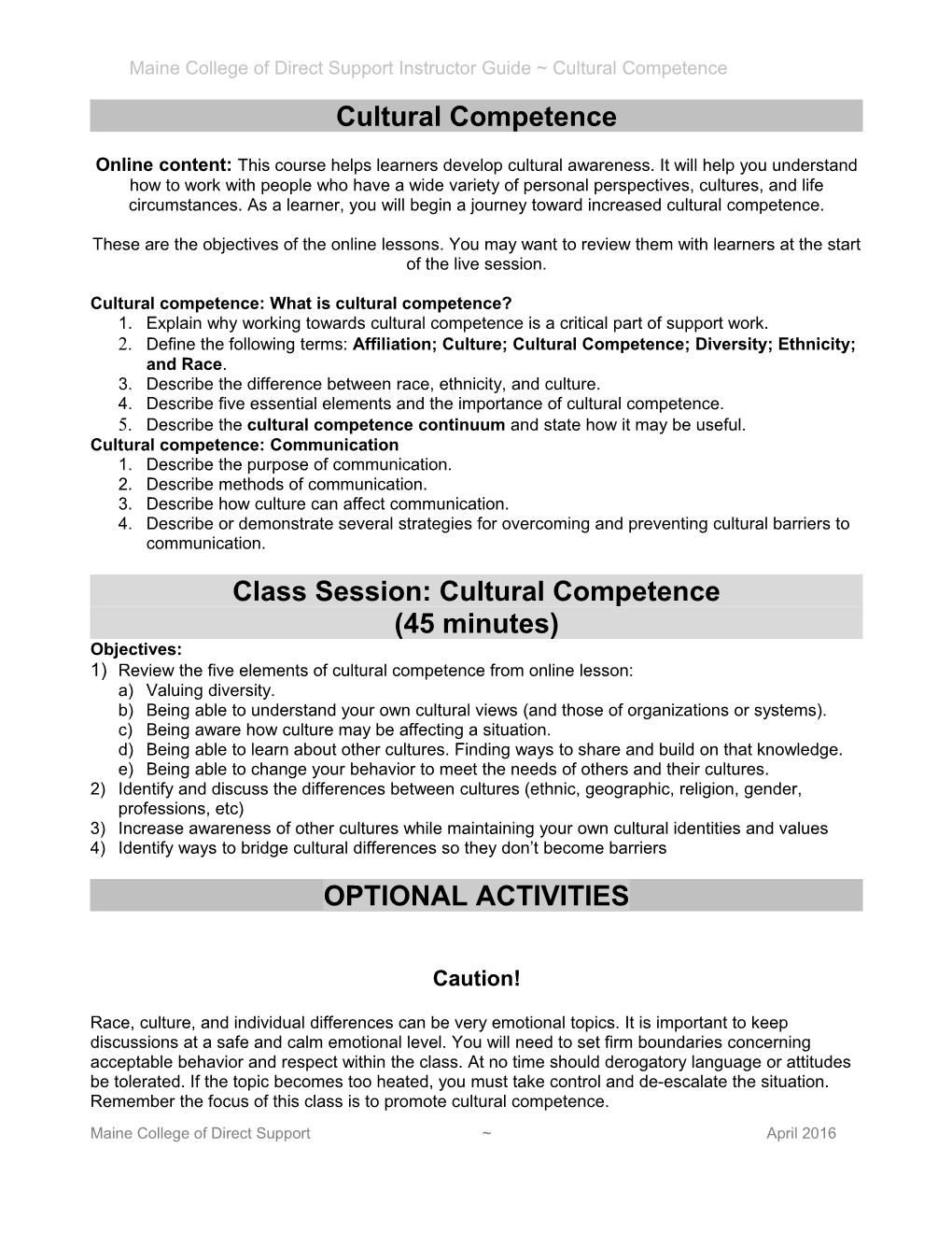 Maine College of Direct Support Instructor Guide Cultural Competence