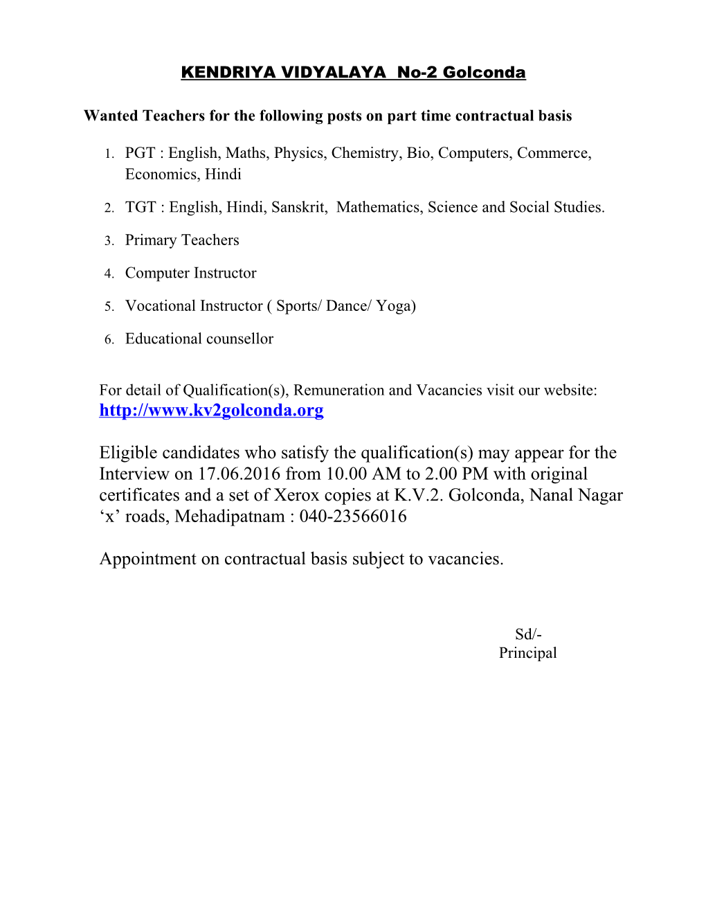 Wanted Teachers for the Following Posts on Part Time Contractual Basis