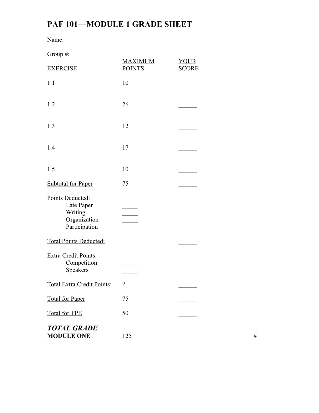 Paf 101 Module 1 Grade Sheet