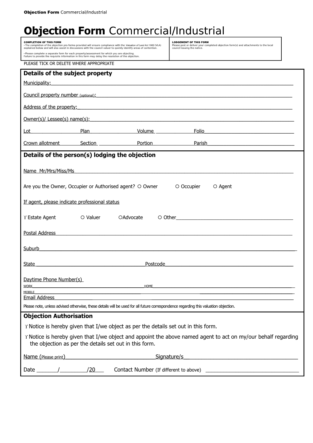 Residential Objection Form