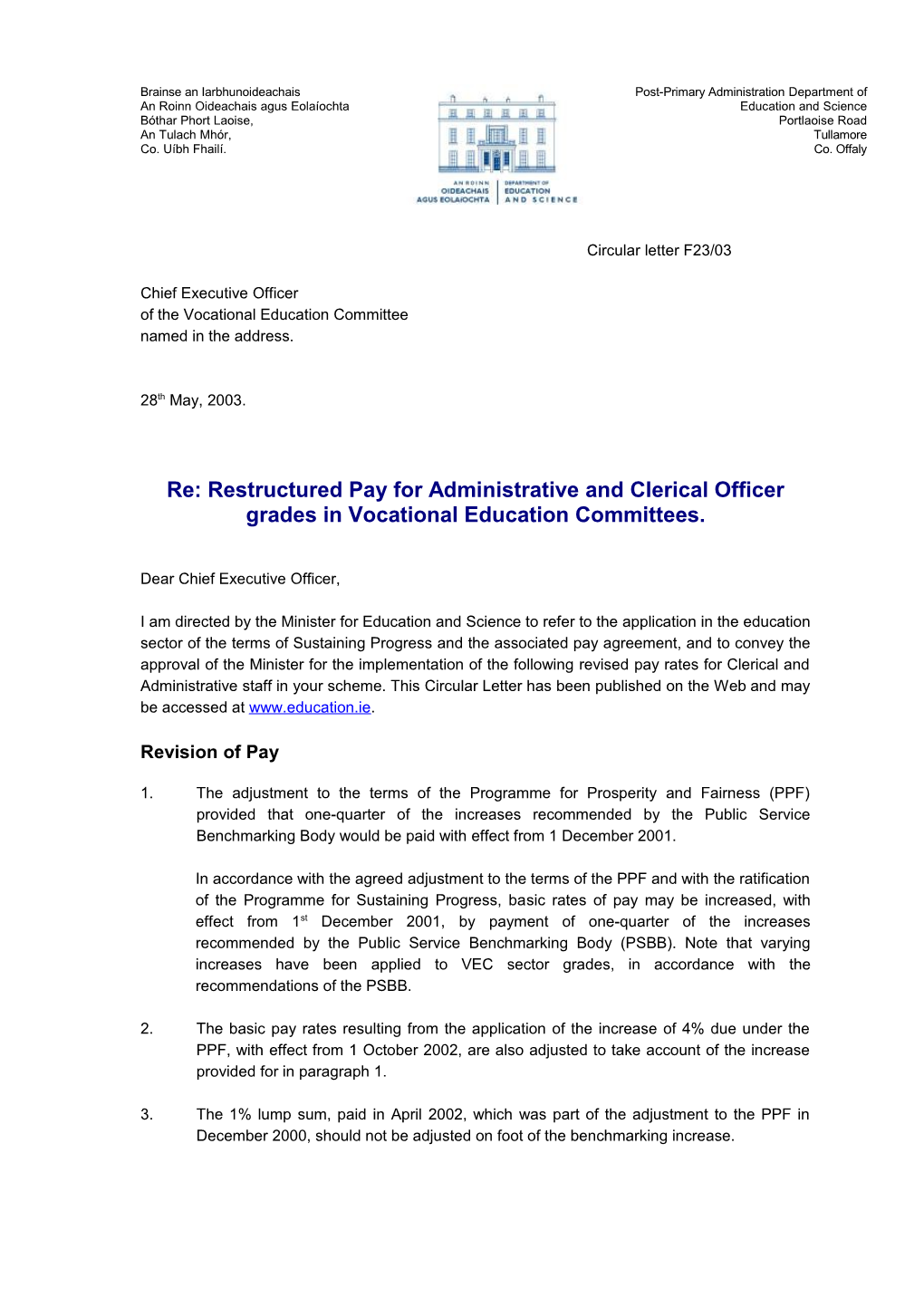Post Primary Circular F23/03 Restructured Pay for Administrative and Clerical Officer Grades