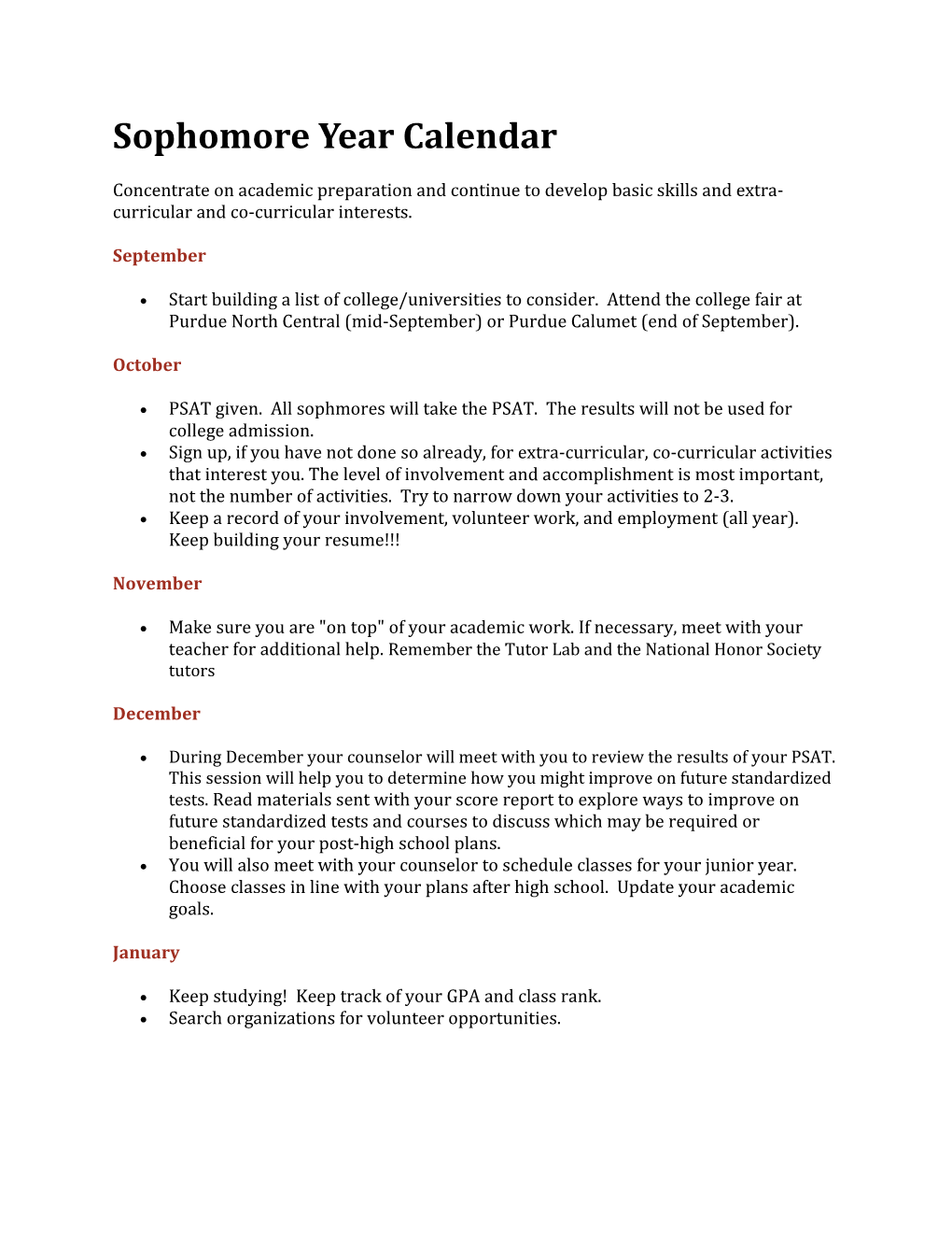 Sophomore Year Calendar