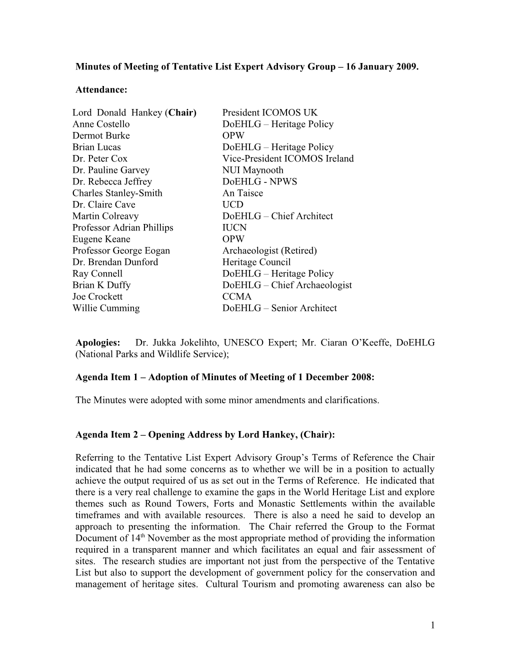 Minutes of Meeting of Tentative List Expert Advisory Group 1 December 2008