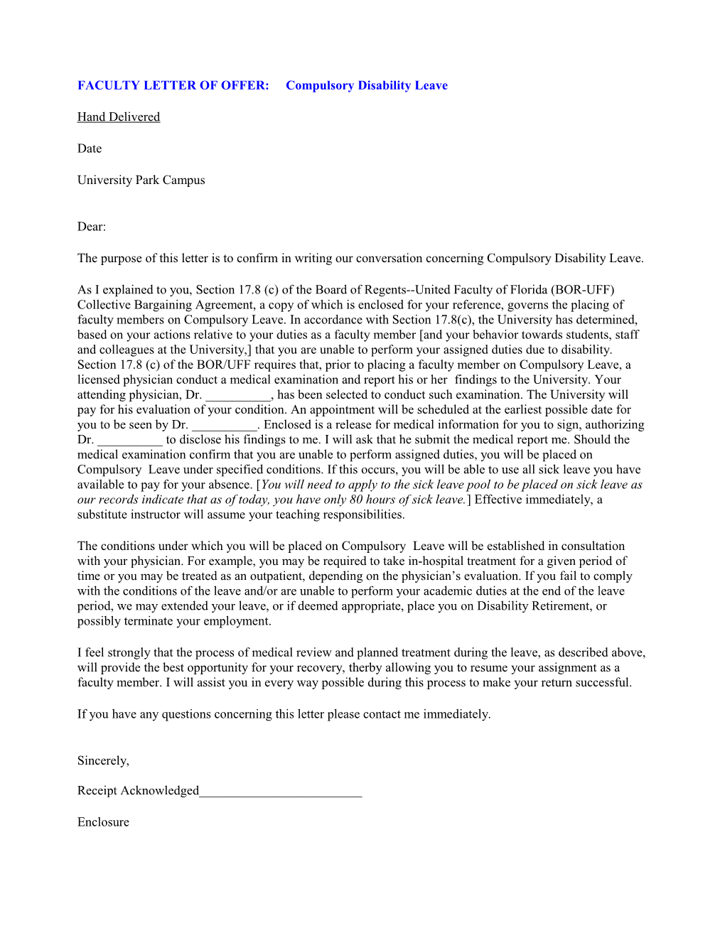 FACULTY LETTER of OFFER: Administrative