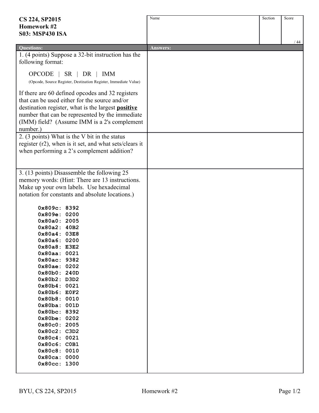BYU, CS 224, SP2015 Homework #2 Page 1/2