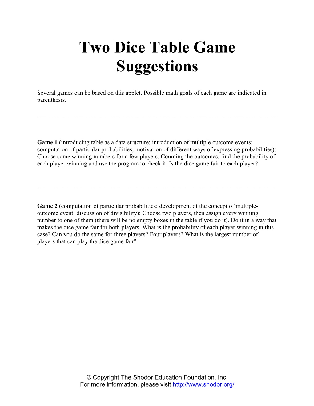 Two Dice Table Game Suggestions