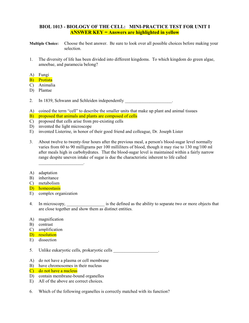 Biol 1013 - Biology of the Cell: Practice Test I