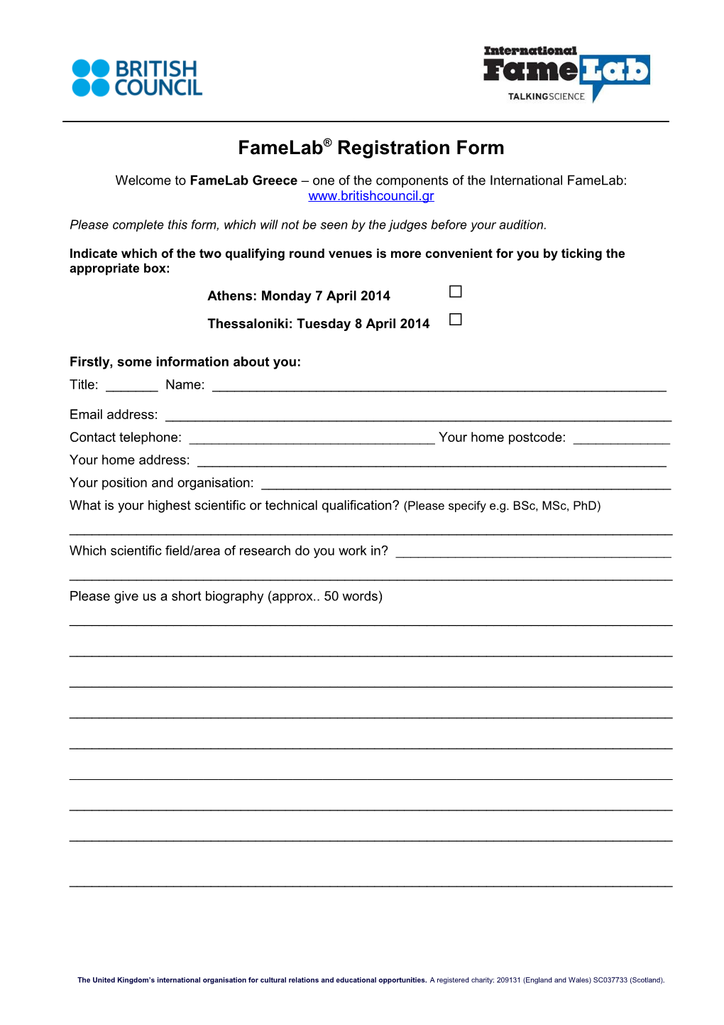 Famelab 2014 Registration Form