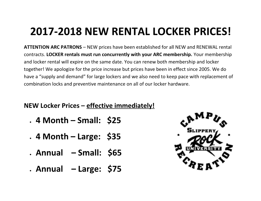 2017-2018 New Rental Locker Prices!