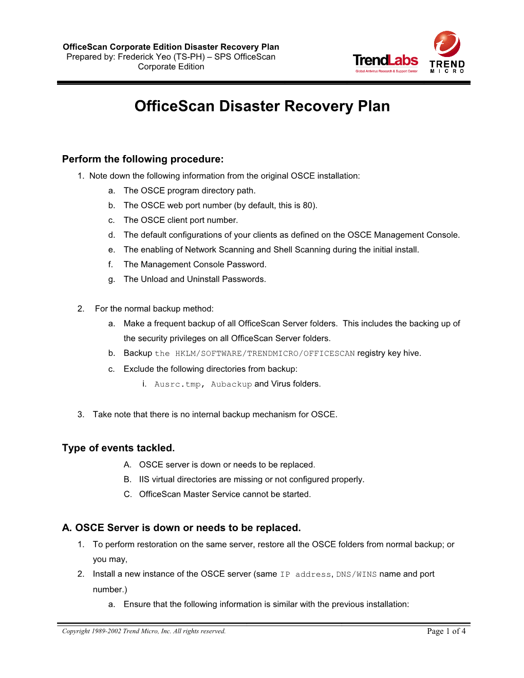 Officescan Corporate Edition Disaster Recovery Plan