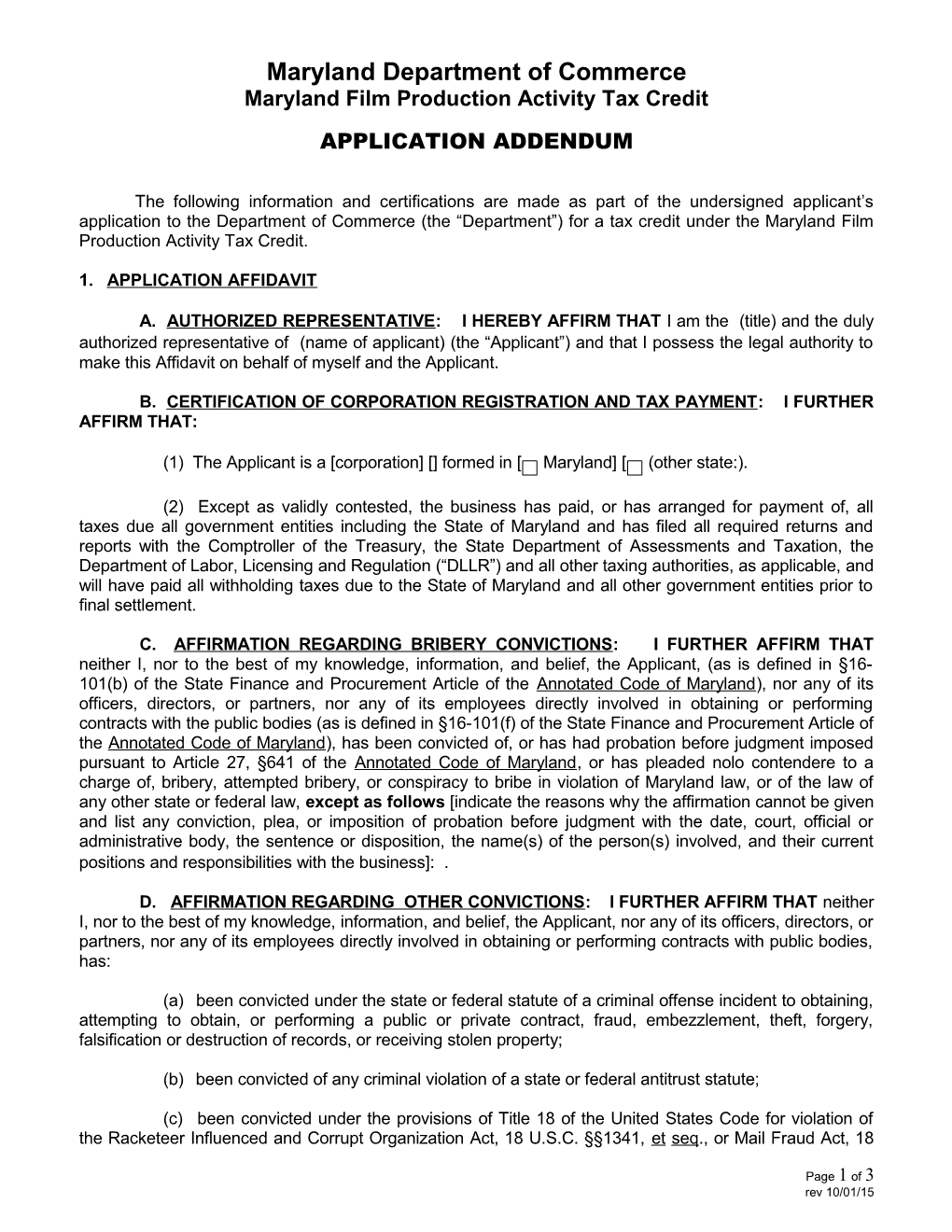 Maryland Film Production Activity Tax Credit Application Addendum (Page 2)