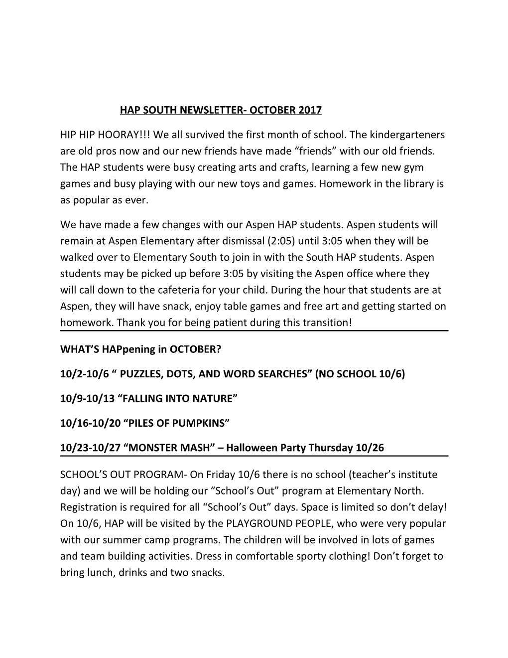 Hap South Newsletter- October 2017