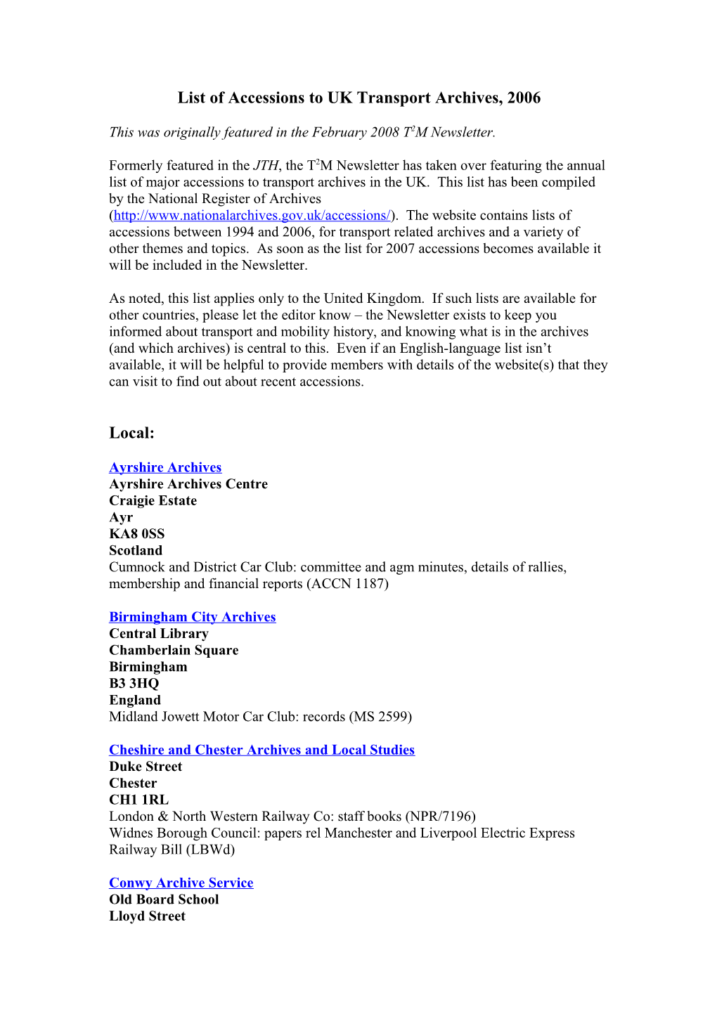 List of Accessions to UK Transport Archives, 2006