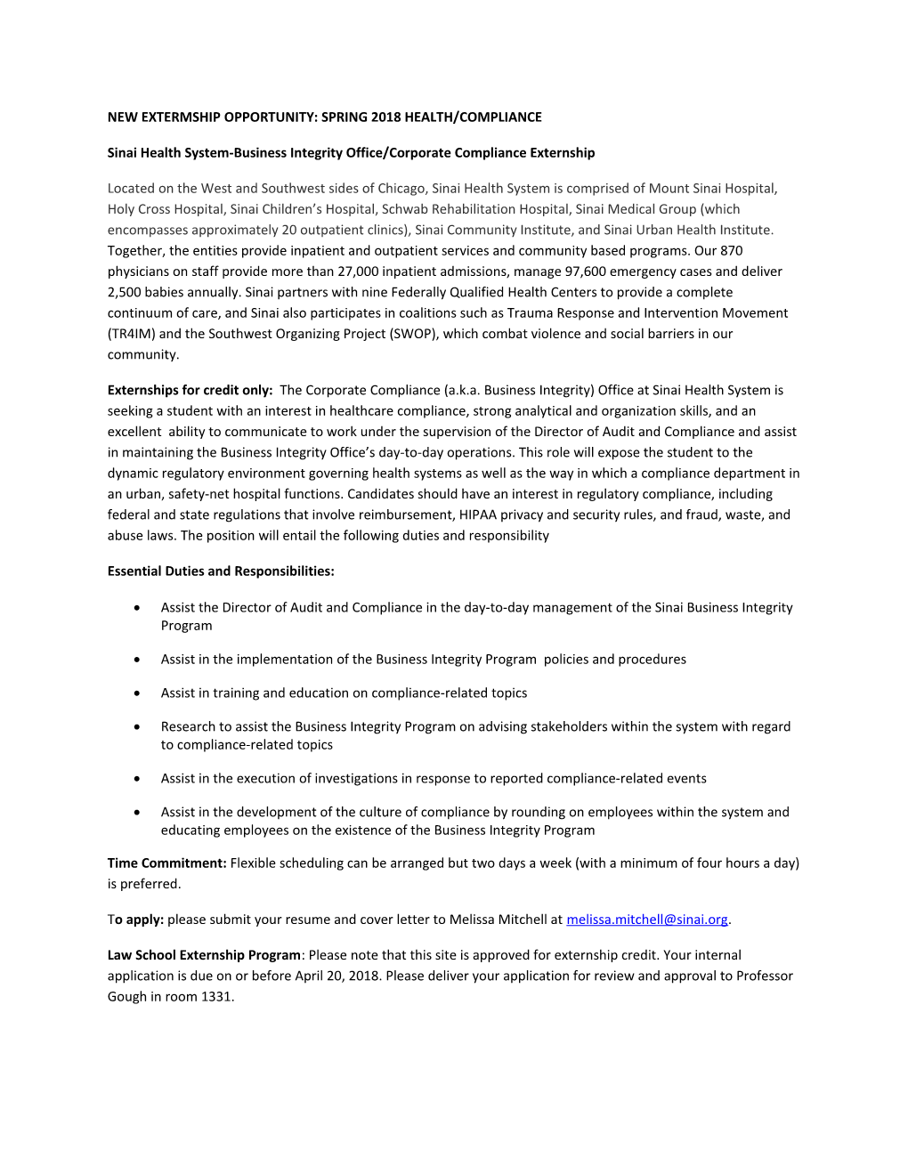 New Extermship Opportunity: Spring 2018Health/Compliance
