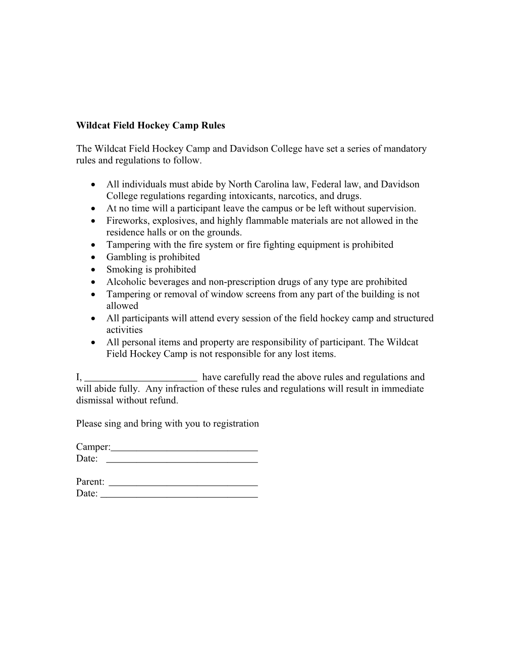 Wildcat Field Hockey Camp Rules