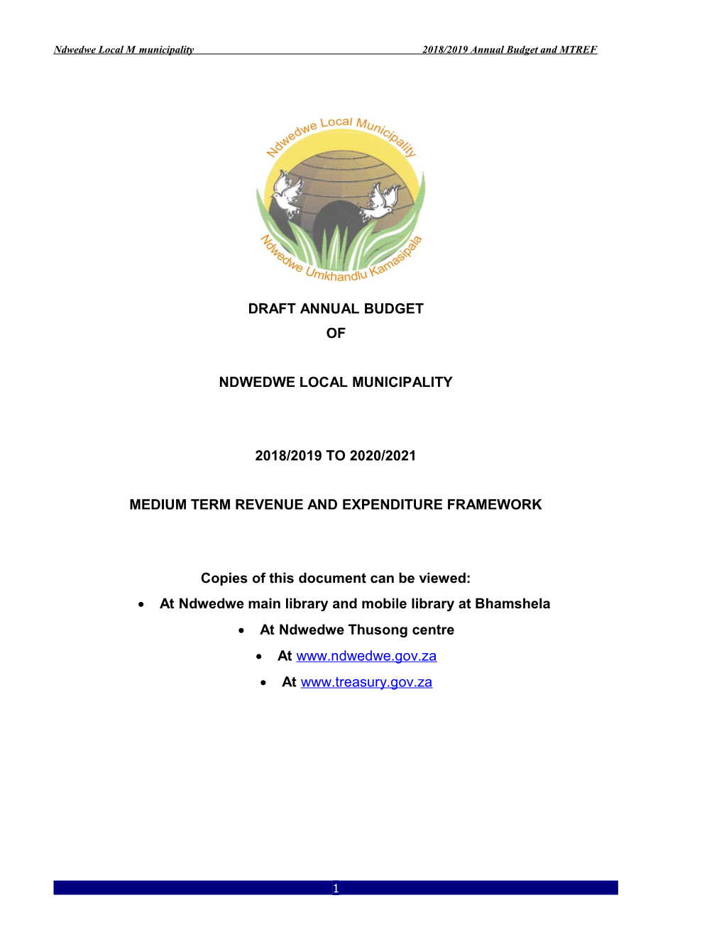 Ndwedwe Local Mmunicipality 2018/2019 Annual Budget and MTREF