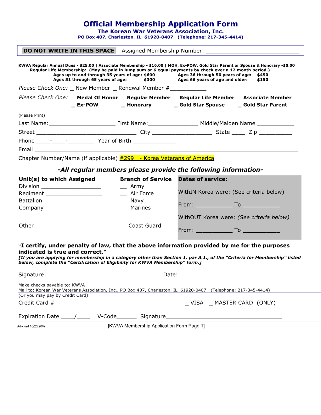 Official Membership Application Form