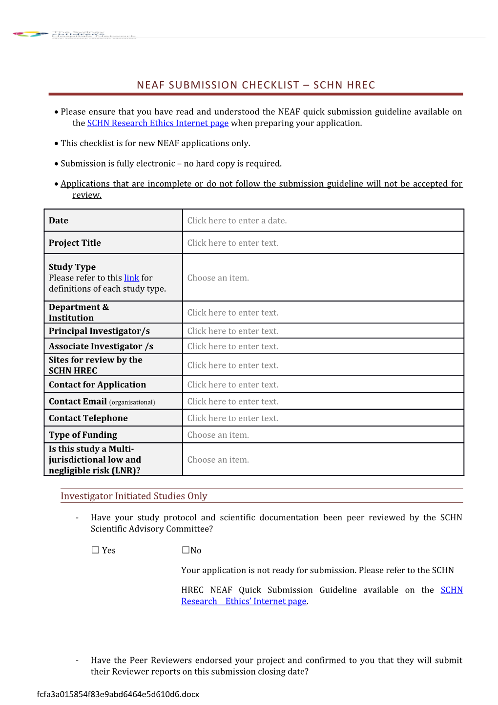 NEAF Submission Checklist SCHN HREC
