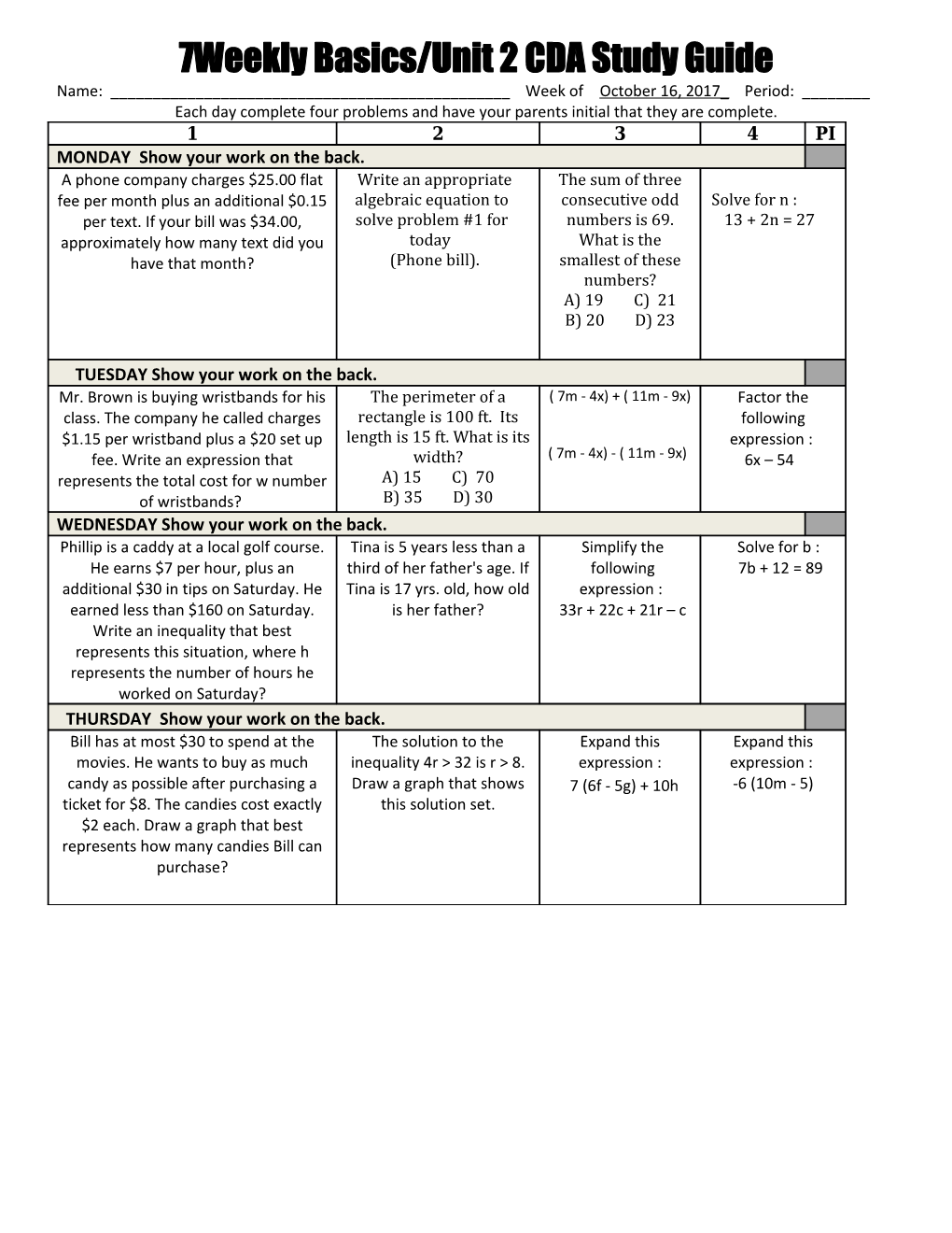 7Weekly Basics/Unit 2 CDA Study Guide