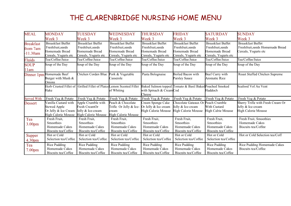 The Clarenbridge Nursing Home Menu