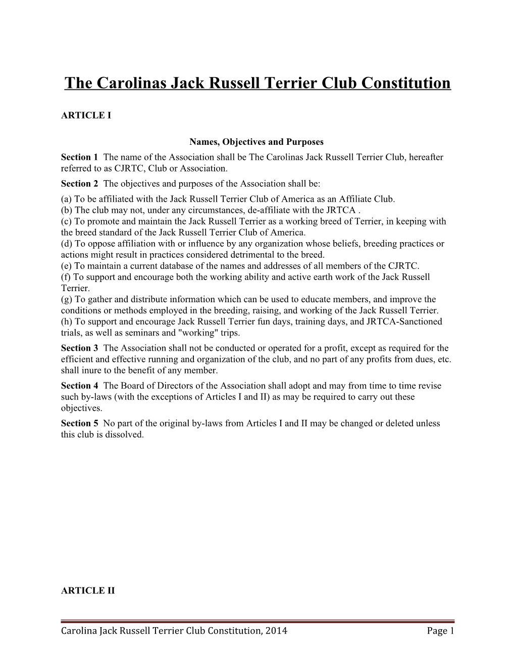 The Carolinas Jack Russell Terrier Club Constitution