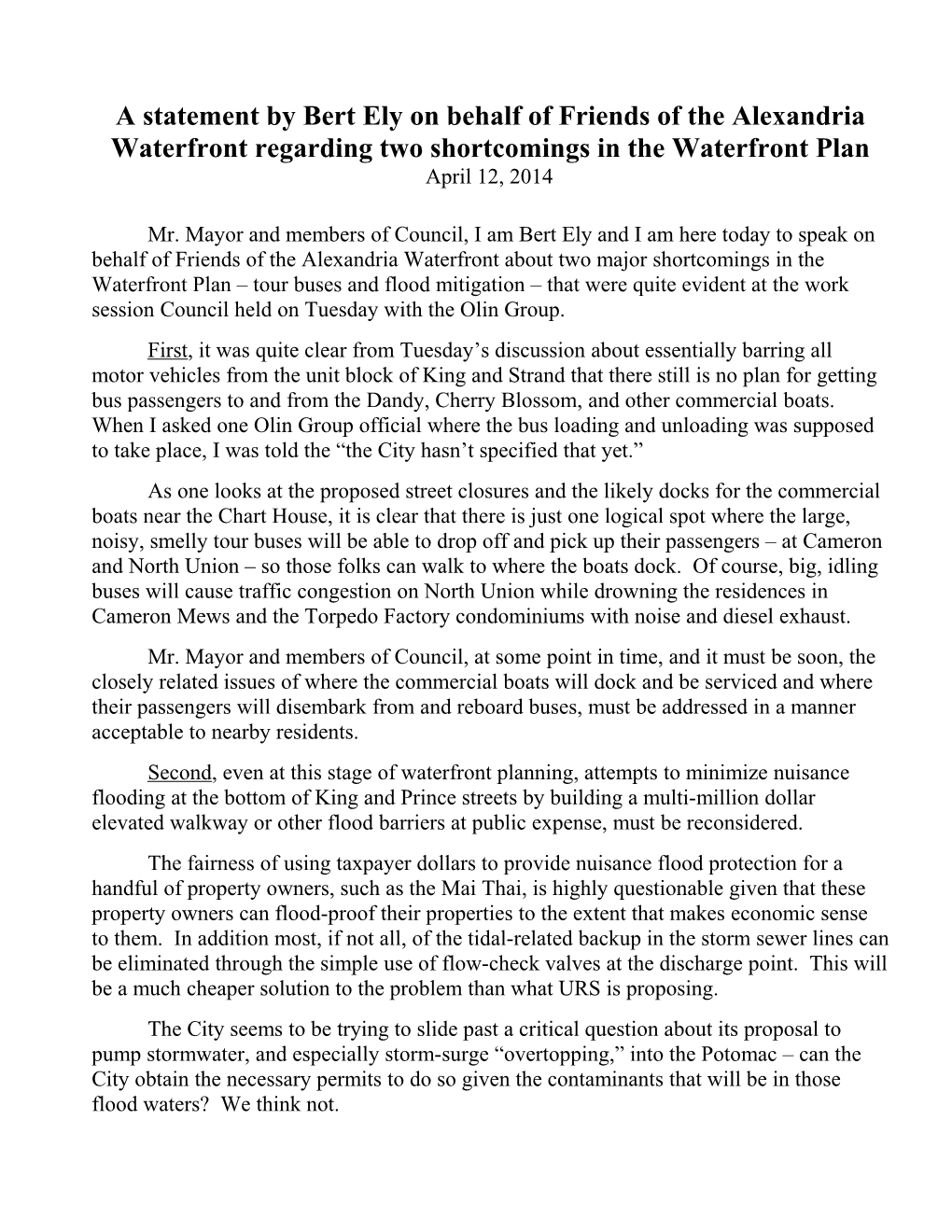 A Statement by Bert Ely to the Alexandria City Council