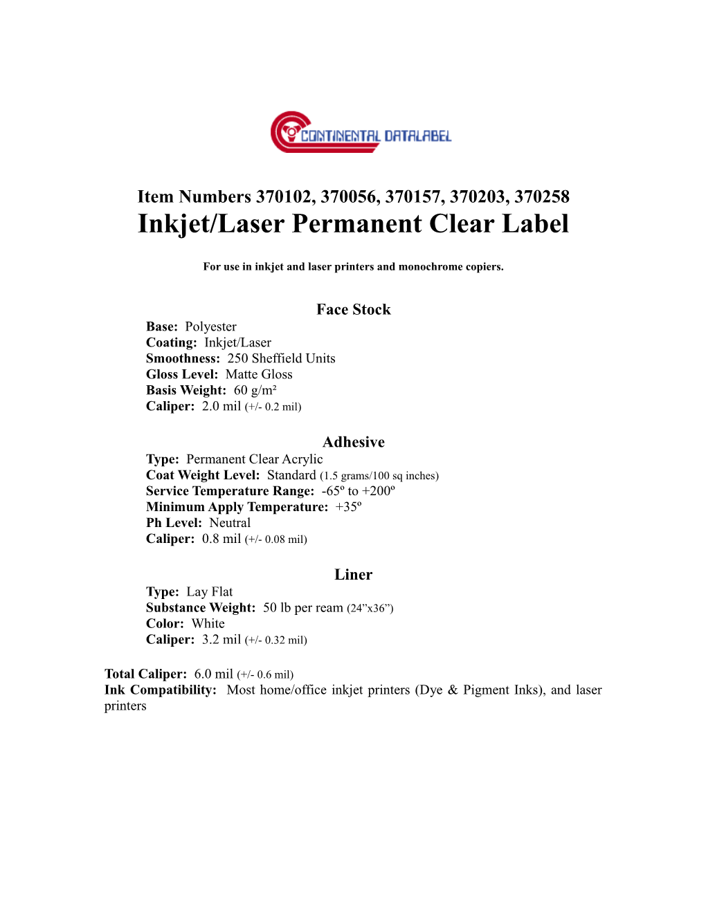Inkjet/Laser Permanent Clear Label