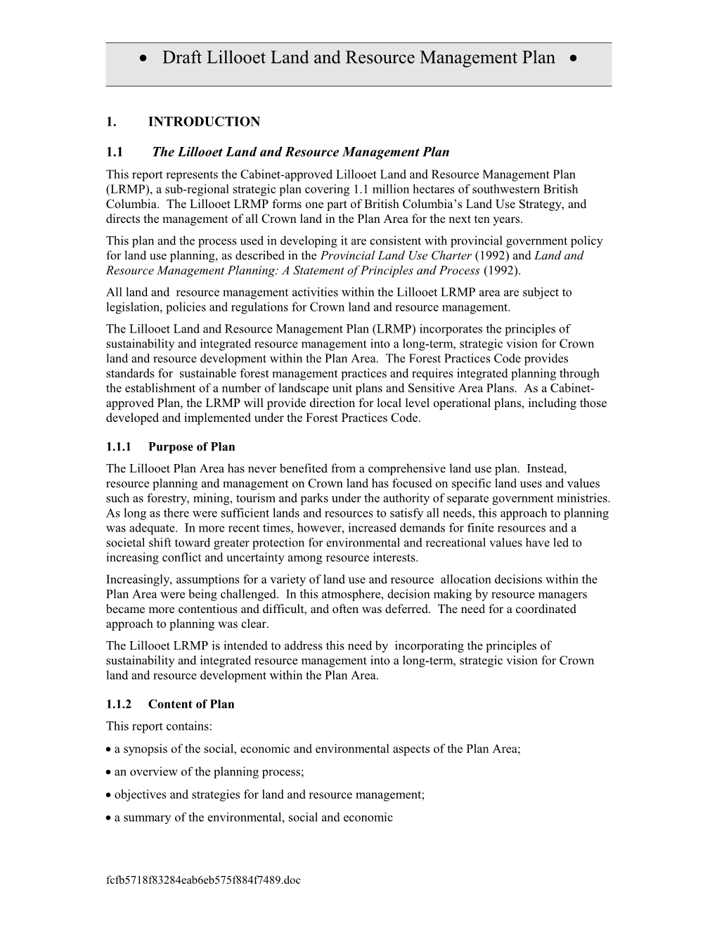 Draft Lillooet Land and Resource Management Plan