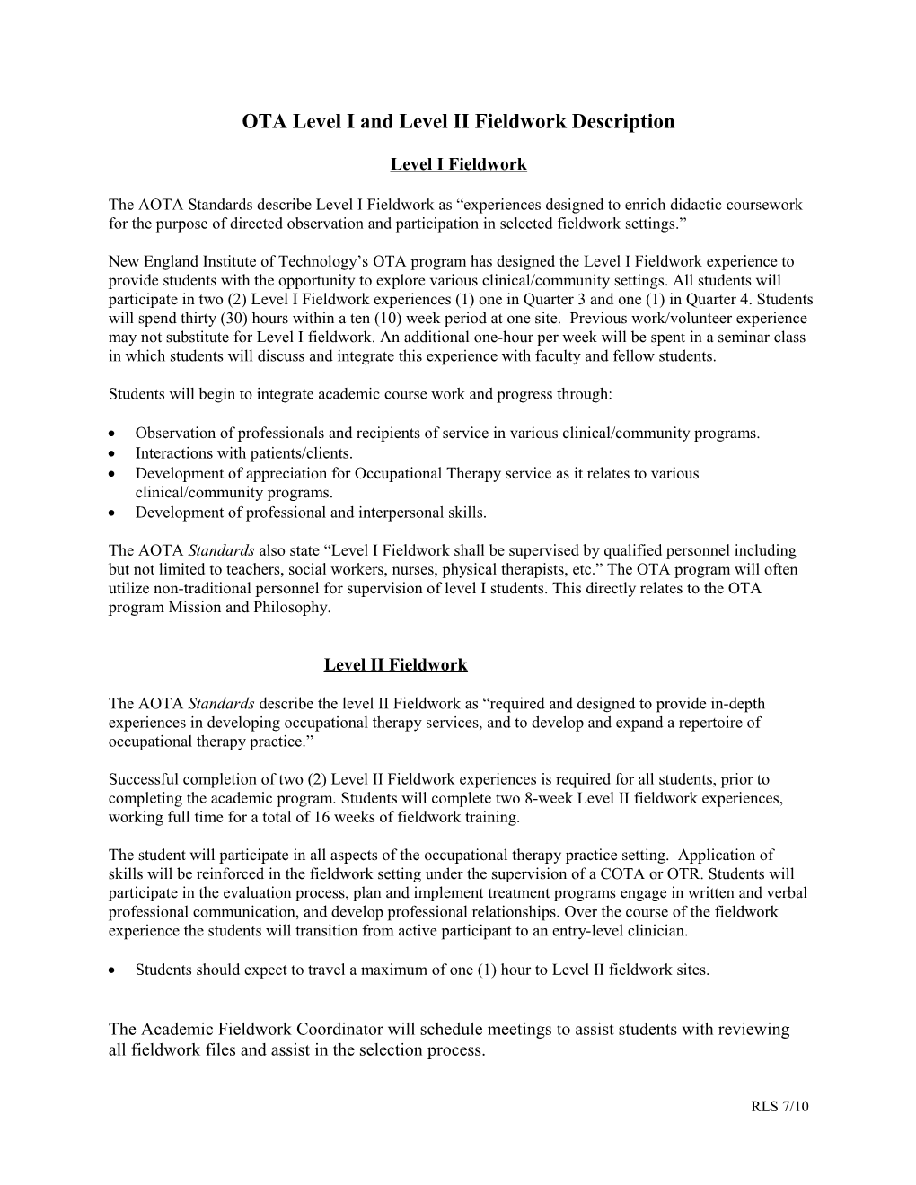 OTA Level I and Level II Fieldwork Description