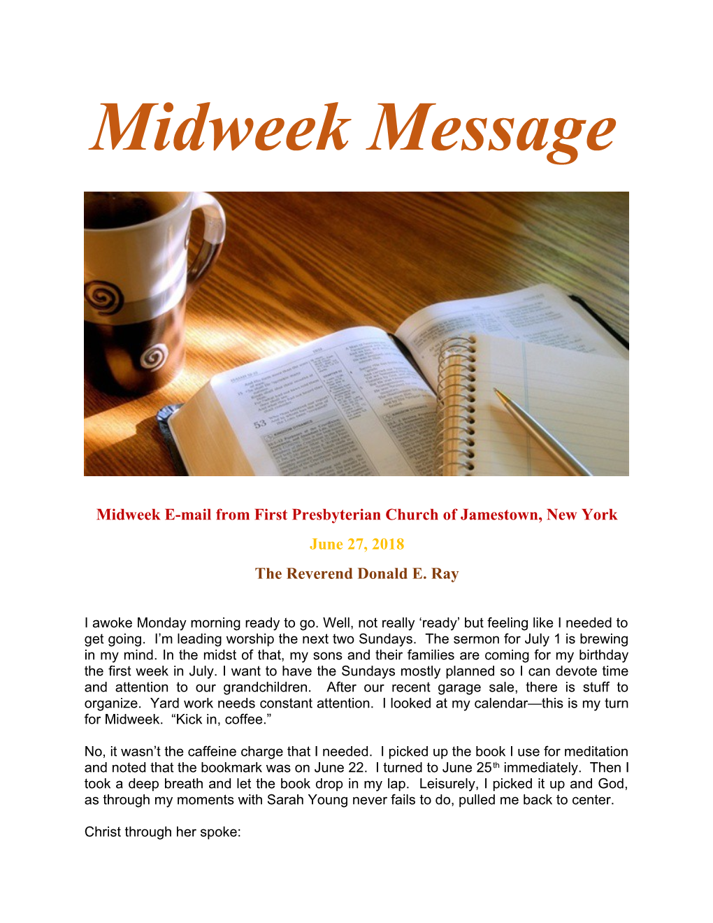 Midweek E-Mail from First Presbyterian Church of Jamestown, New York