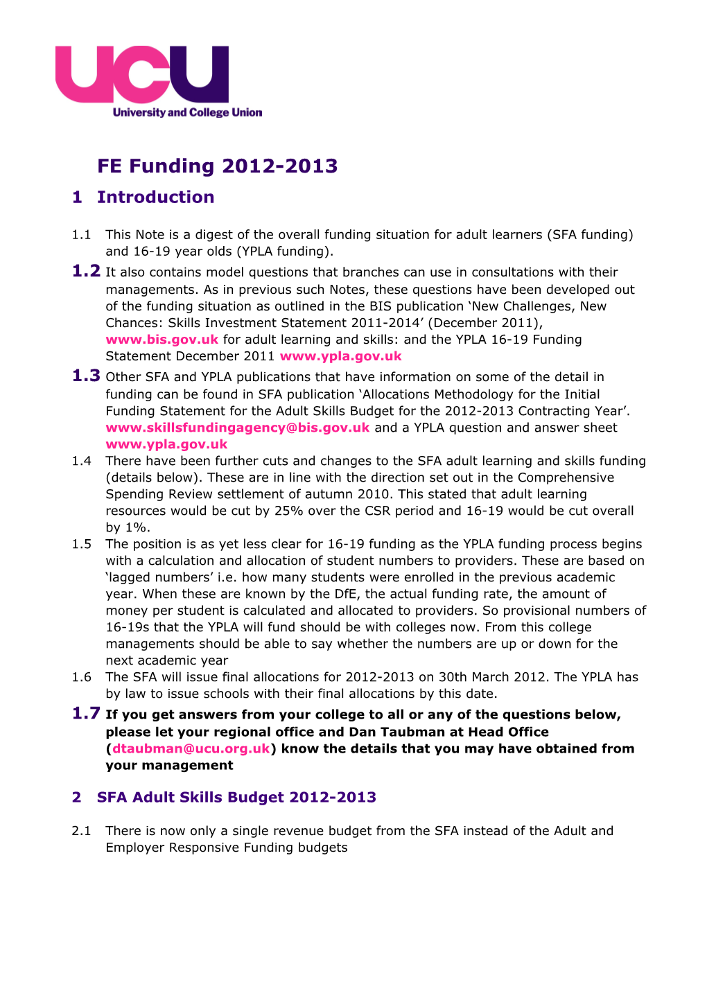 1.1This Note Is a Digest of the Overall Funding Situation for Adult Learners (SFA Funding)